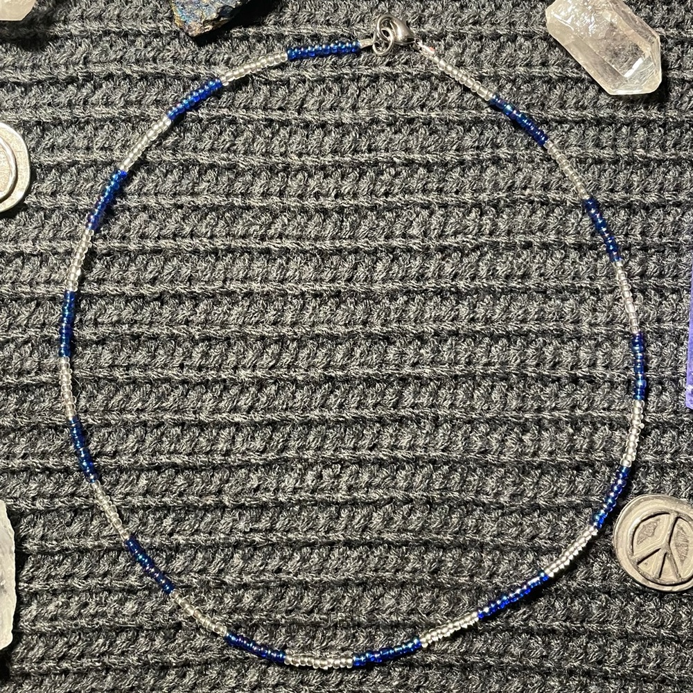 New Dark Blue and Clear Beaded Choker Necklace